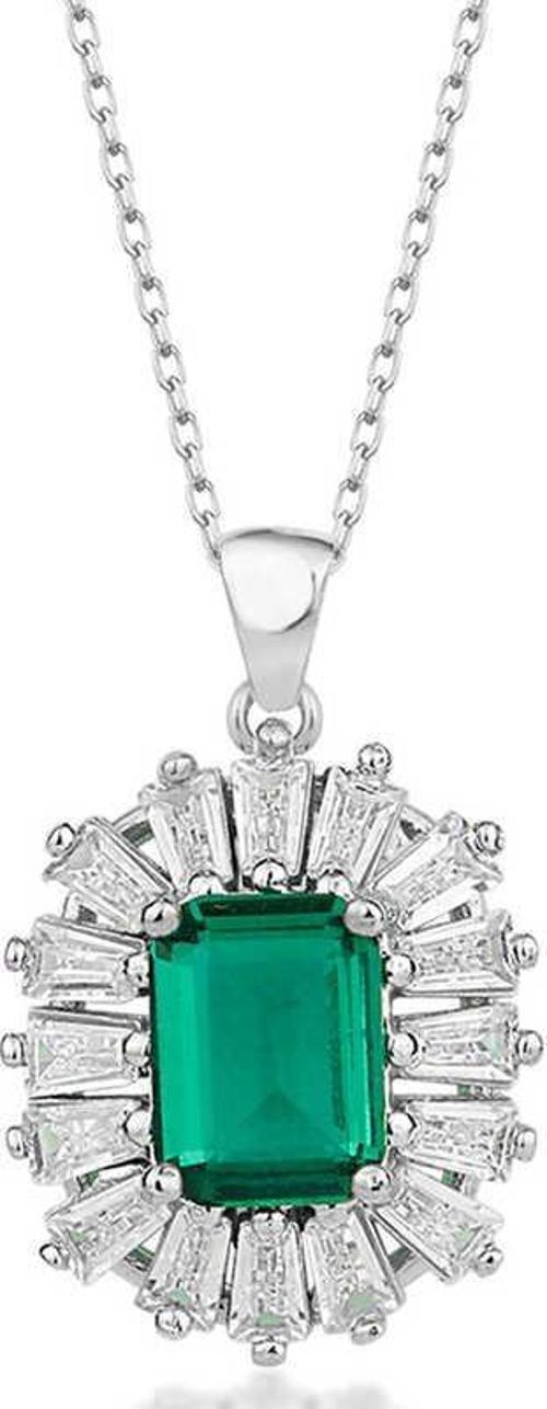 Gümüş Elmas Montür Zümrüt Taşlı Kadın Kolye