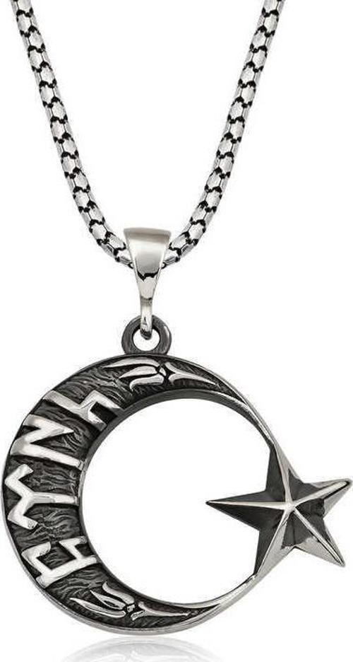 Gümüş Göktürkçe Türk Yazılı Ay Yıldız Erkek Kolye