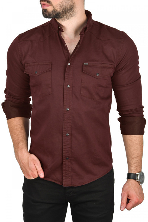 Erkek Bordo Slim Fit Likralı Gabardin Gömlek – Büyük Beden Seçenekli Spor Gömlek 2502503