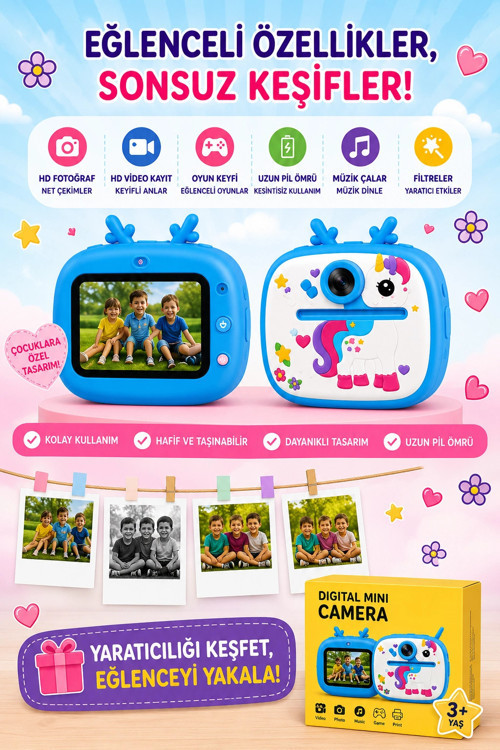 Unicorm Tasarımlı Anında Baskılı Çocuk Fotoğraf Makinesi 1080P Dijital Çocuk Kamerası
