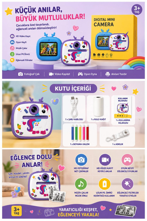 Unicorm Tasarımlı Anında Baskılı Çocuk Fotoğraf Makinesi 1080P Dijital Çocuk Kamerası