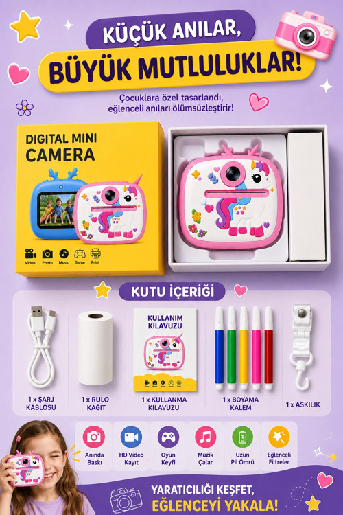 Unicorm Tasarımlı Anında Baskılı Çocuk Fotoğraf Makinesi 1080P Dijital Çocuk Kamerası