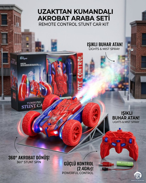 Uzaktan Kumandalı Spiderman Renk Full Fonksiyon | 2.4 Ghz Şarjlı | Işıklı Buhar Atan | 360 Derece Dönebilen Akrobat Araba