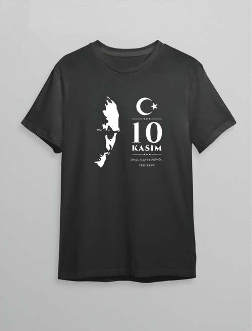 10 Kasım Atatürk Anma Günü Silüet Baskılı Oversize Bisiklet Yaka T-Shirt - Siyah