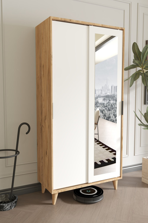 Noventa Pine White Portmanto Vestiyer Ayakkabılık Aynalı 2 Sürgü Kapaklı