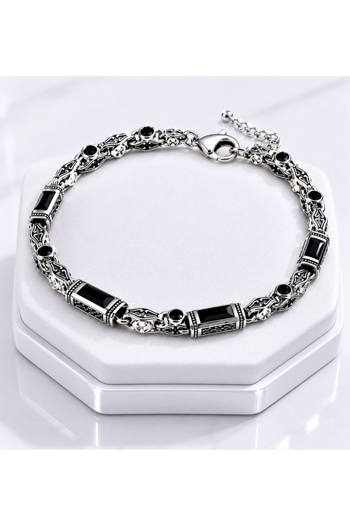 Ak Store Silver Rodyum Gümüş Kaplama Kromix Çelik Erkek Bilelik Gravürlü Otantik Siyah Zirkon Taşlı
