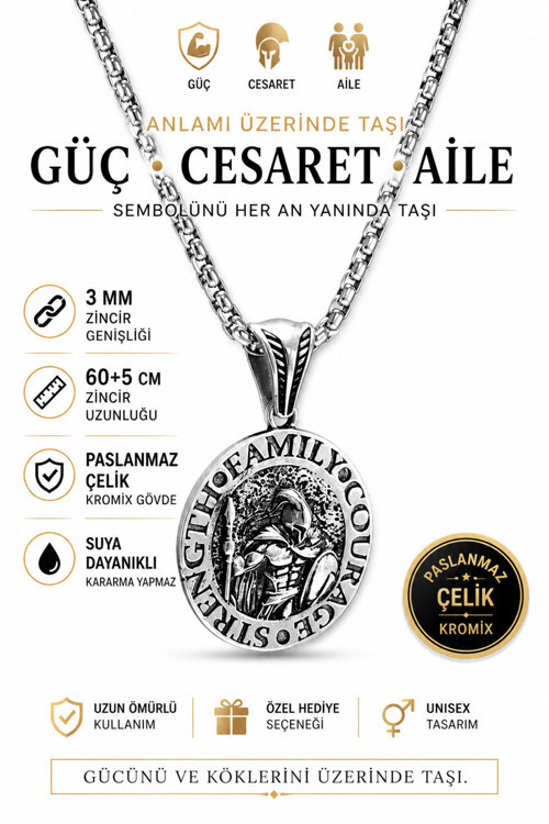 Ak Store Silver Erkek, Cesaret, Güç, Aile (Courage,Strength,Family) K-107 Paslanmaz Kromix Çelik Gümüş Kaplama Kolye