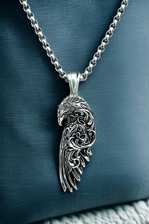 Ak Store Silver Gümüş Kaplama K-120 Paslanmaz Kromix Erkek Kolyesi Kafkas Kartalı Sanatsal Gravürlü Madalyon