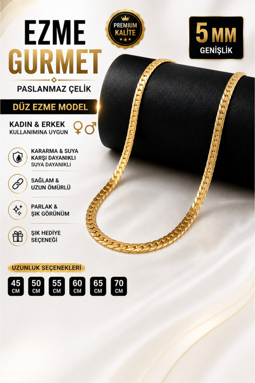 Ak Store Silver Gümüş Kaplama 316 L Paslanmaz Çelik Ezme Gurmet Sık Örme İtalyan Model Zincir Kolye 5 Mm Gold