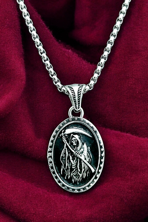 Ak Store Silver Erkek, Ölüm Meleği Çerçeveli Figürlü K-149 Paslanmaz Kromix Çelik Gümüş Kaplama Kolye Madalyon