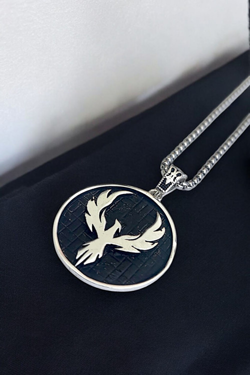 Ak Store Silver Gümüş Kaplama K-155 Krom-Çelik Erkek Kolyesi Zümrüdü Anka Kuşu Madalyon