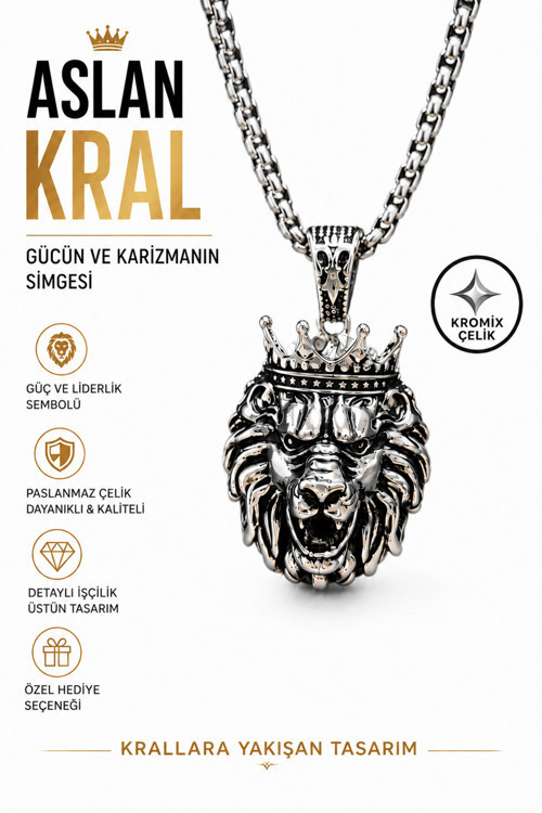 Ak Store Silver Gümüş Kaplama K-106 Paslanmaz Kromix Öfkeli Aslan Kral Erkek Kolye Madalyon