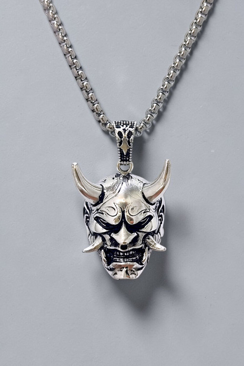 Ak Store Silver Erkek, Japon Oni Maskesi Gümüş Kaplama K-180 Paslanmaz Kromix Çelik Samuray Maskesi Kolye Madalyon