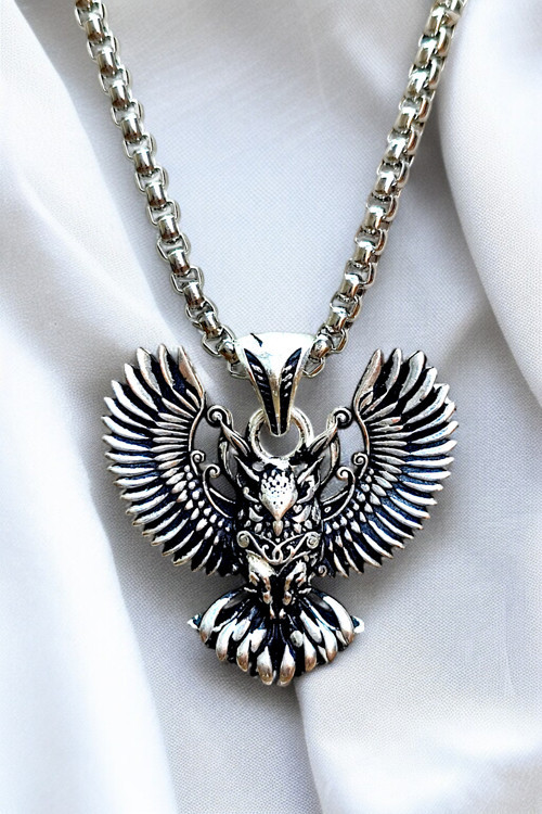 Ak Store Silver Gümüş Kaplama K-132 Paslanmaz Kromix Erkek Kolye Madalyon Bilgeliğin Sembolü Kanadı Açık Baykuş