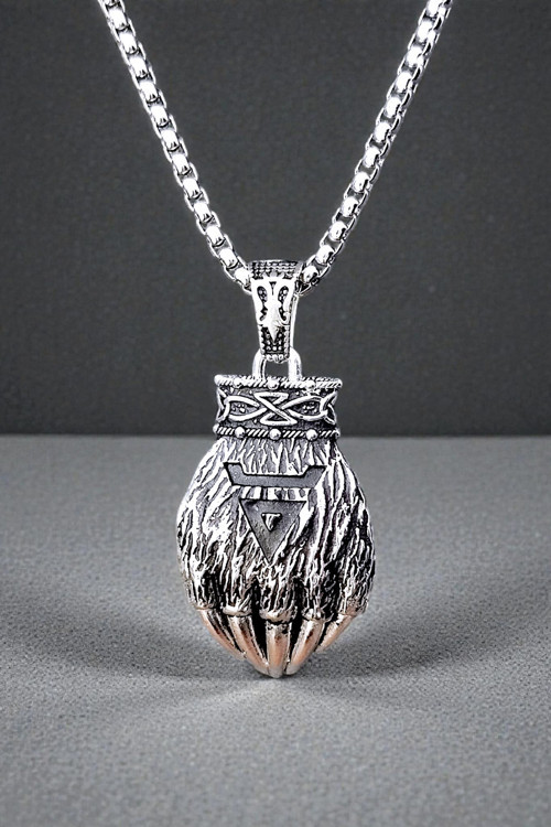 Ak Store Silver Erkek, Viking Ayı Pençesi Figürlü Çift Taraflı K-176 Paslanmaz Kromix Çelik Gümüş Kaplama Kolye