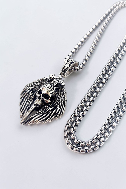 Ak Store Silver Erkek Kanatlı Kafatası Biker & Rock Tarz K-187 Gümüş Kaplama Paslanmaz Kromix Çelik Kolye