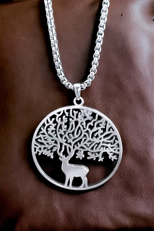 Ak Store Silver Gümüş Kaplama Paslanmaz Kromix Erkek Kolye Madalyon Geyik Boynuzu Hayat Ağacı