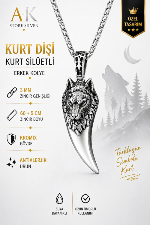 Ak Store Silver Gümüş Kaplama K-102 Paslanmaz Kromix Erkek Kolye Madalyon Kurt Dişi Üzerine Bozkurt İşleme