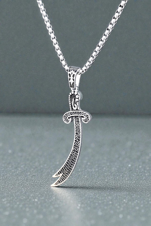 Ak Store Silver Erkek, Zülfikar Kılıç Siyah Zirkon Taşlı K-181 Paslanmaz Kromix Çelik Gümüş Kaplama Kolye Madalyon
