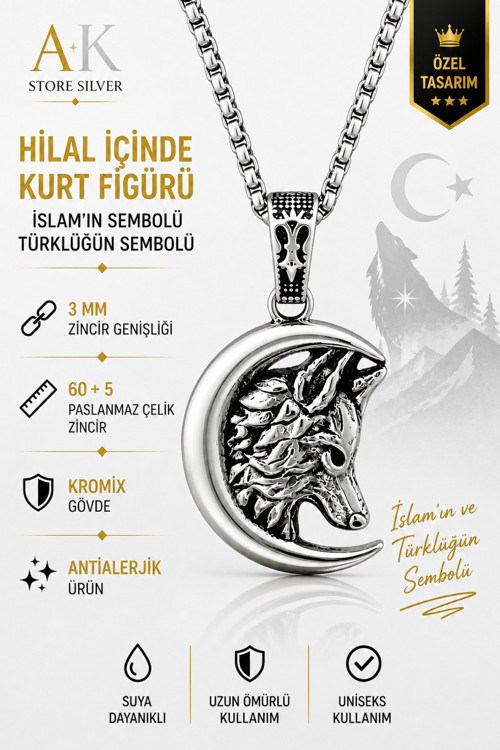 Ak Store Silver Erkek, Türklüğün Sembolü Hilal İçi Bozkurt Figürlü K-103 Paslanmaz Kromix Çelik Gümüş Kaplama Kolye