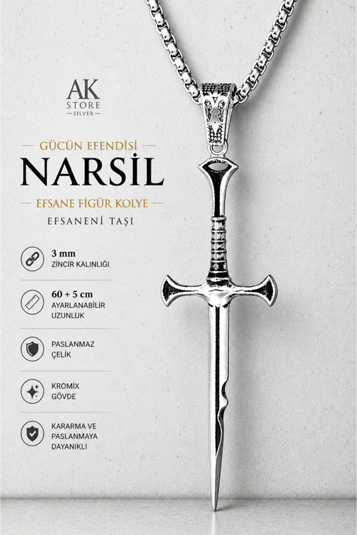 Ak Store Silver Erkek, Isildur Kırık Kılıcı Narsil Gücün Efendisi K-101 Paslanmaz Kromix Çelik Gümüş Kaplama Kolye