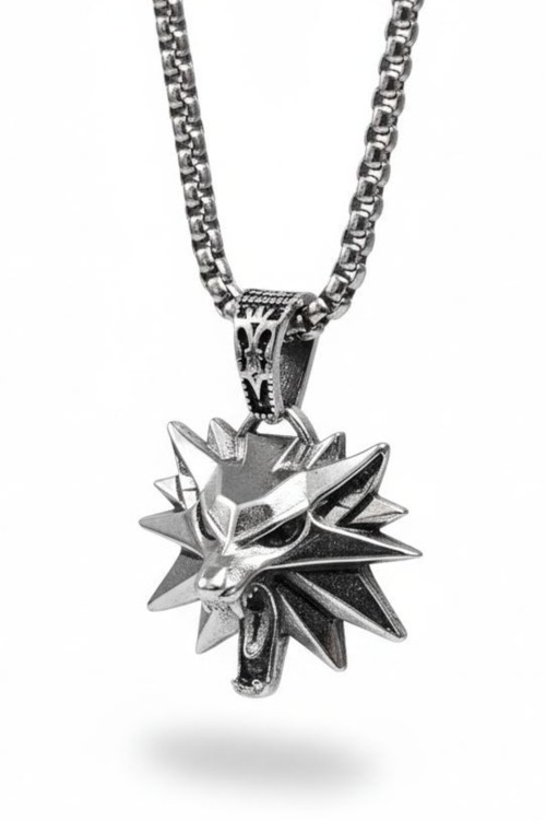 Ak Store Silver Gümüş Kaplama K-110 Paslanmaz Kromix Erkek Kolye Madalyon Witcher Wolf Fantastik Kurt Kafası