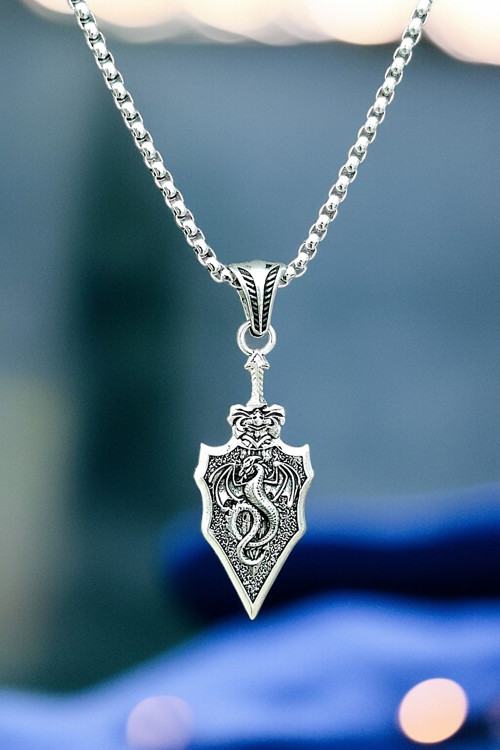 Ak Store Silver Erkek, Ejderha Figürlü Mızrak Ucu K-164 Paslanmaz Kromix Çelik Gümüş Kaplama Kolye Madalyon