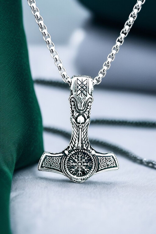 Ak Store Silver Gümüş Kaplama K-150 Paslanmaz Kromix Erkek Kolyesi Thor'Un Çekici Viking Baltası Gravürlü Madalyon
