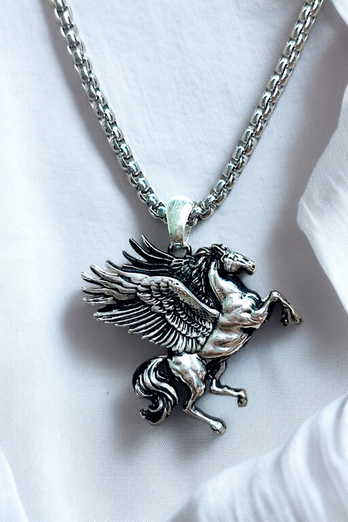 Ak Store Silver Gümüş Kaplama K-125 Paslanmaz Kromix Erkek Kolye Madalyon Özgürlüğün Sembolü Uçan At Pegasus