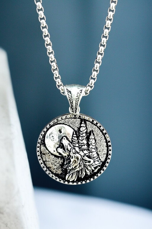 Ak Store Silver Gümüş Kaplama K-157 Paslanmaz Kromix Erkek Kolyesi Dolunayda Uluyan Bozkurt Madalyon