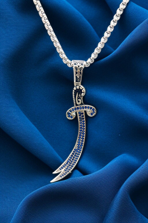 Ak Store Silver Erkek, Zülfikar Kılıç Lacivert Zirkon Taşlı K-182 Paslamaz Kromix Çelik Gümüş Kaplama Kolye Madalyon