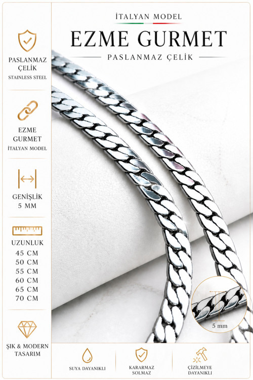 Ak Store Silver Gümüş Kaplama 316 L Paslanmaz Çelik Ezme Gurmet Sık Örme İtalyan Model Zincir Kolye 5 Mm