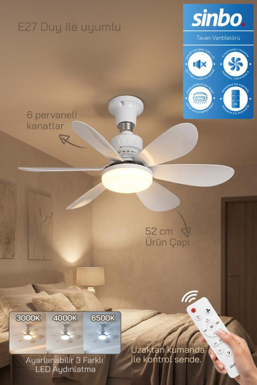 SF-7708 3 LED Aydınlatmalı Sessiz Tavan Vantilatörü Kumandalı 6 Kanatlı