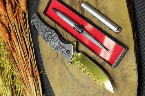 21 cm Gold Kuru Kafa Çakı ve Gizli Kalem Bıçak Seti