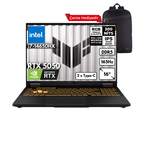 TUF Gaming F16 i7-14650HX 64-GBDDR5 2 TBSSD RTX5050 (8GB-GDDR7-115W) 16" WUXGA 165Hz Windows 11 Home + Sırt Çantası FX608JHR-RV048QB31