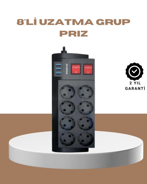 Güçlü Termal Korumalı 8 Priz + 3 USB Çoklu Uzatma Kablosu 2m - RFIOVS7954-3736