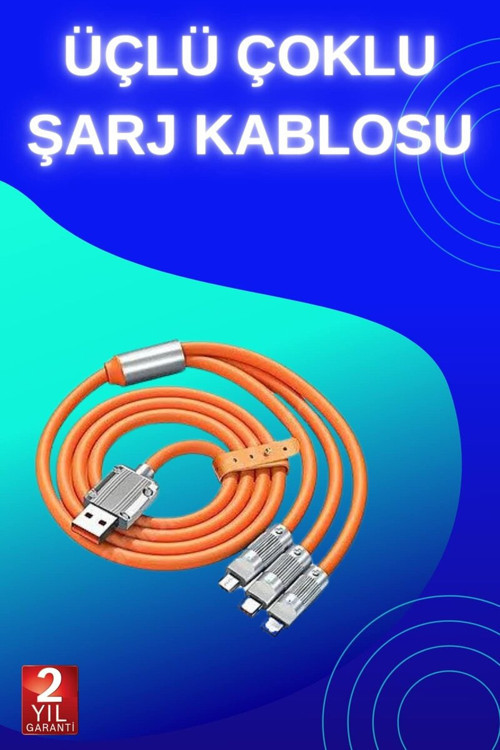 3 İn 1 Süper Hızlı Şarj Kablosu Android ve İOS Uyumlu Silikon Şarj Kablosu - RFIOVS4634-9575