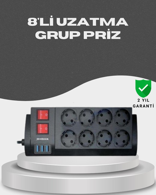 Akım Korumalı 8’li Priz 3 USB’li Uzatma Kablosu Isıya Dayanıklı 2 Metre - RFIOVS9134-3073