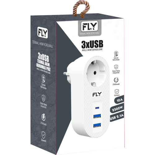 FLY 3400-01 1 Soket 2 USB 1 Type-C Akım Korumalı Priz 2.1A (Beyaz)(1923) - RFIOVS8494-3225