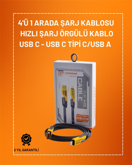 4'ü 1 Arada USB Hızlı Şarj ve Veri Kablosu – 65W Güç Çoklu Bağlantı 1.2m - RFIOVS5803-42