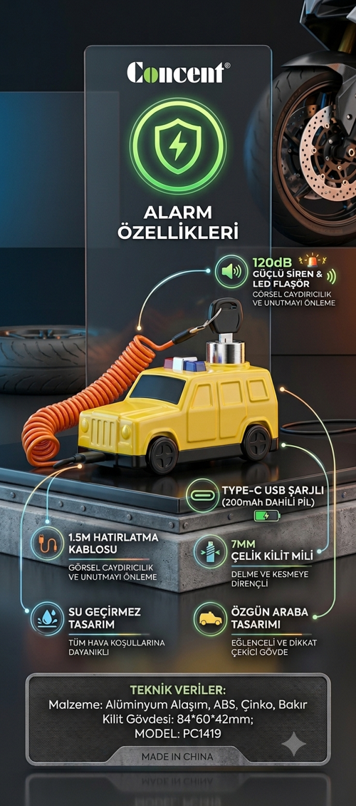 Type-C Şarjlı Concent Alarmlı Motor Disk Kilidi Hatırlatma Kablolu 120 dB Işıklı Su Geçirmez Kilit