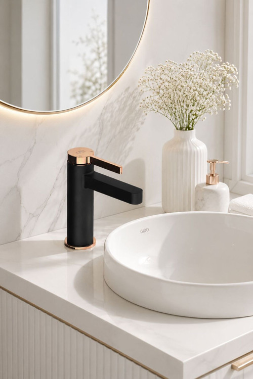 Mlb165-S-R Gildo Lavabo Bataryası Tek Kollu Lavabo Musluğu Siyah Rose Gold