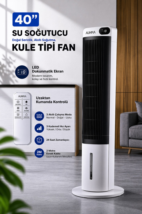 Kule Tipi Soğutucu Fan Uzaktan Kumandalı Su Buharlı Soğutucu Vantilatör 70W-3L Su Tankı-Led Ekranlı