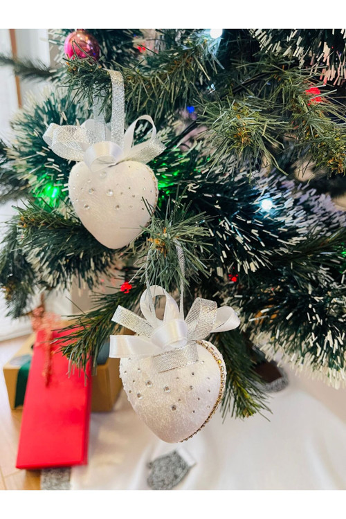 Yılbaşı Çam Ağacı Süsü 2 Adet Kalp Beyaz Taşlı Dekor Süsü 6X6 Cm