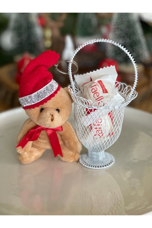 Yılbaşı Sofra Sunumluk Noel Şapkalı Ayıcık Yeni Yıl Mini Sepet 15 Cm