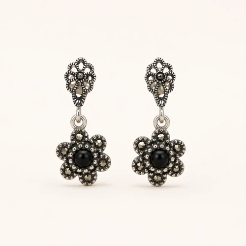 925 Ayar Gümüş Oltu Taşı Küpe – Flower