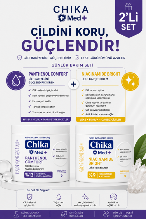 Chika Med + Panthenol Comfort & Niacinamide Bright - Anne & Bebek Onarıcı ve Aydınlatıcı 2'li Cilt Bakım Seti