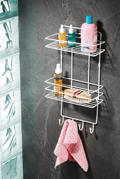 2 Katlı Beyaz Kancalı Banyo Duş Rafı, Şampuanlık, Lif/Kese Askılı, Paslanmaz Metal, Banyo Düzenleyic