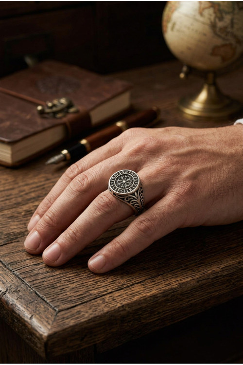 Viking Tarzı Vegvisir ve Runik Yazılı Kıvrım Detaylı Ayarlanabilir Erkek Yüzük
