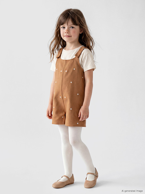 LCW Kids Kahverengi Nakışlı Kız Çocuk Gabardin Salopet ve Külotlu Çorap